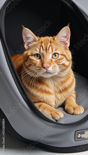 Ginger cat relaxing within stylish pet carrier photo