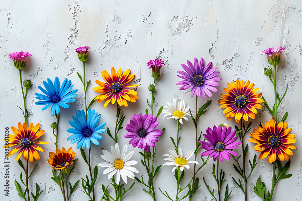 A vibrant display of flowers in different hues, including daisies and daisies, arranged in a line on a textured surface. A vibrant display of flowers in different hues, including daisies and daisies, arranged in a line on a textured surface.