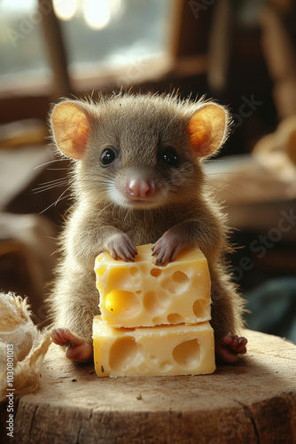 Mouse on Top of Cheese in the Style of an Airbrush
