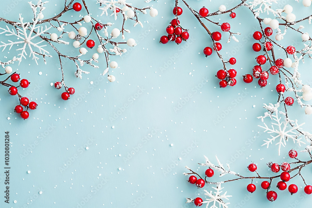 © Mattie - Merry Christmas and Happy Holidays greeting card, frame, banner. New Year. Copy space. Berries, branches, snowflakes on light blue background top view. Winter xmas holiday theme. Flat lay © Mattie - Merry Christmas and Happy Holidays greeting card, frame, banner. New Year. Copy space. Berries, branches, snowflakes on light blue background top view. Winter xmas holiday theme. Flat lay