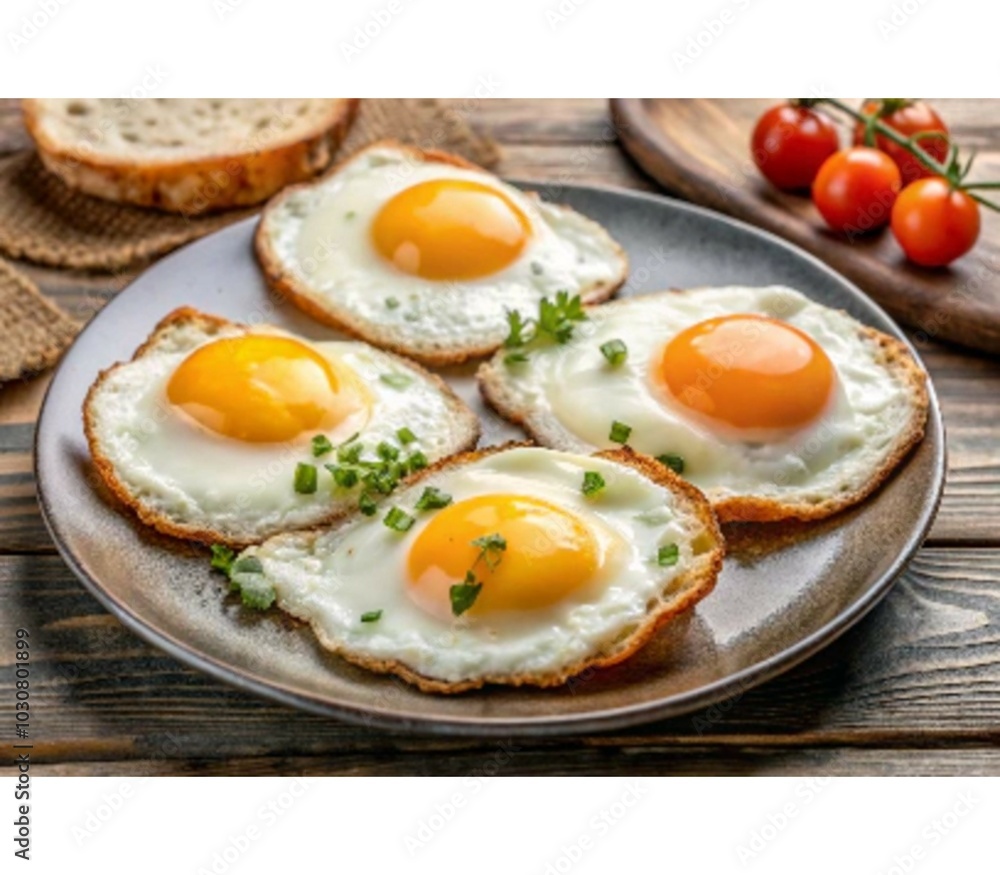 Three fried eggs with yellow yolks are lying on white background- Three fried eggs with yellow yolks are lying on white background-