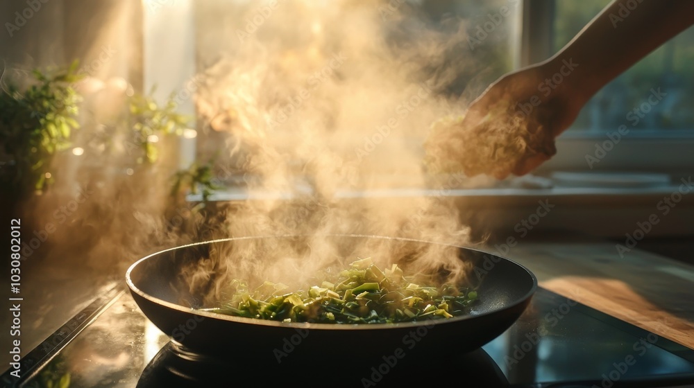 Steam Rising from Vegetables in a Sunlit Kitchen Steam Rising from Vegetables in a Sunlit Kitchen