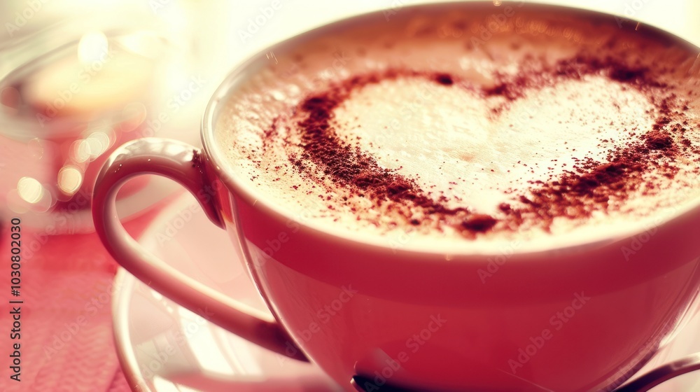 Close-up of a pink mug with cappuccino topped with cinnamon heart design Close-up of a pink mug with cappuccino topped with cinnamon heart design