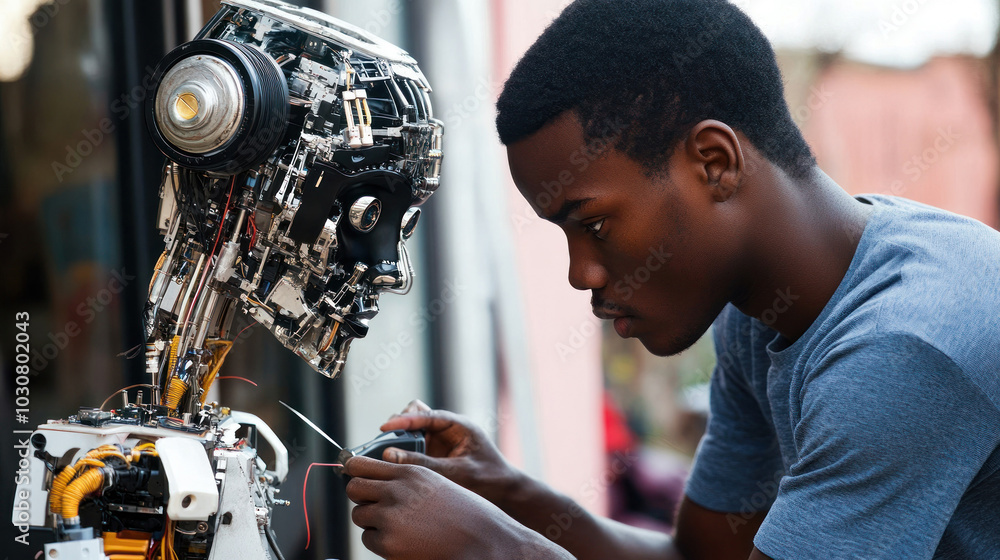 Fototapeta premium Technician fine-tuning a robot with careful precision.