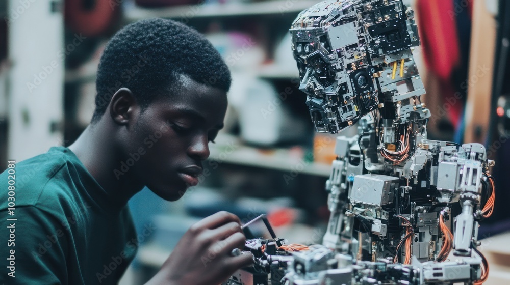 Young engineer builds robotic companion in workshop. Young engineer builds robotic companion in workshop.