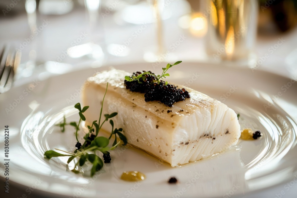 Elegant Fish Terrine with Caviar and Microgreens on White Plate for Gourmet Dining Experience Elegant Fish Terrine with Caviar and Microgreens on White Plate for Gourmet Dining Experience