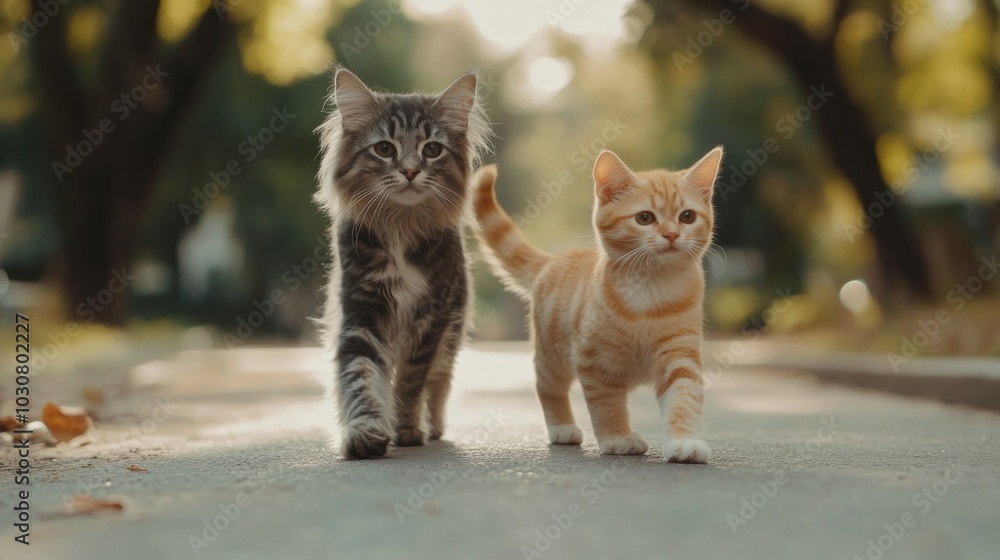 Two playful kittens stroll together on a sunlit street in autumn Two playful kittens stroll together on a sunlit street in autumn