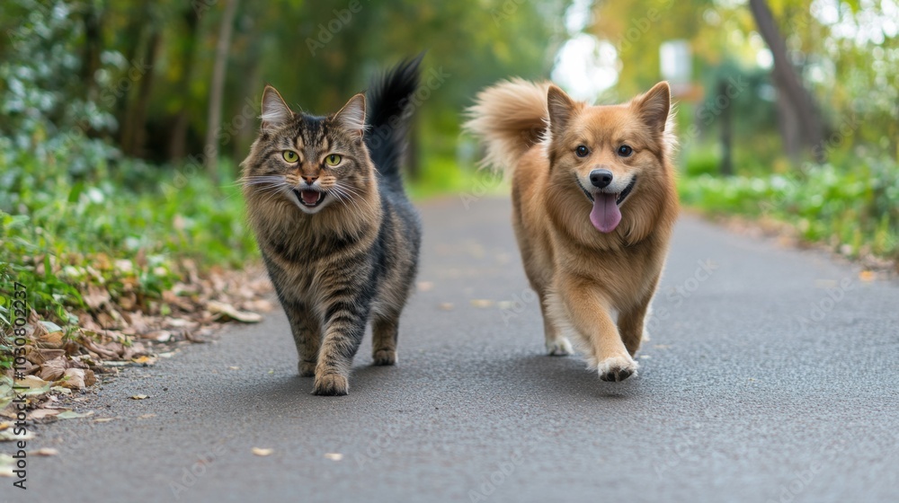 Cats and dogs walking together on a sunny path in the park Cats and dogs walking together on a sunny path in the park