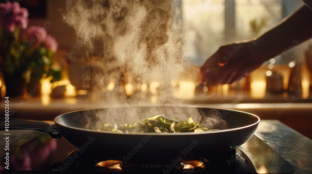 Steaming Vegetables in Sunlit Kitchen Steaming Vegetables in Sunlit Kitchen