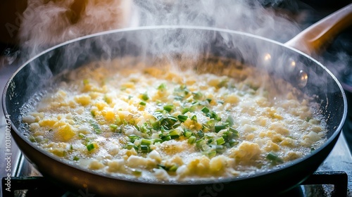 Steaming Pan of Chopped Vegetables Cooking on Stove with Aromatic Herbs