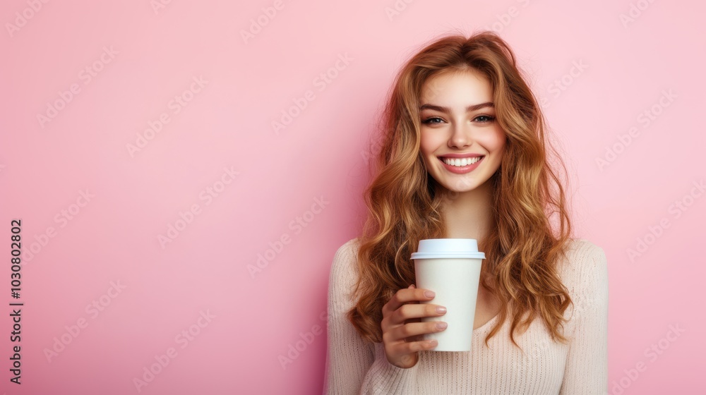 Young woman smiling with coffee cup against a pink background Young woman smiling with coffee cup against a pink background