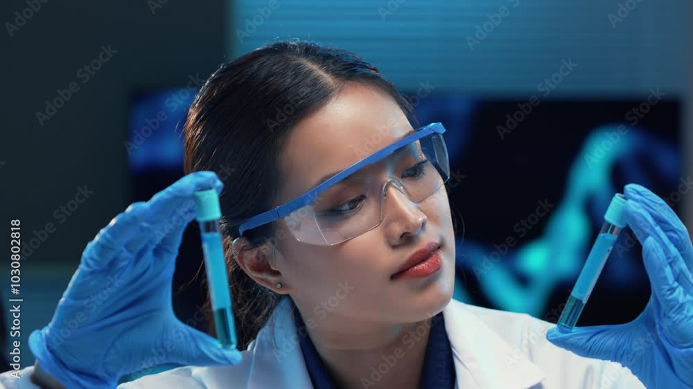 Scientist wearing a lab coat and protective glasses is carefully examining a test tube containing a blue liquid Scientist wearing a lab coat and protective glasses is carefully examining a test tube containing a blue liquid