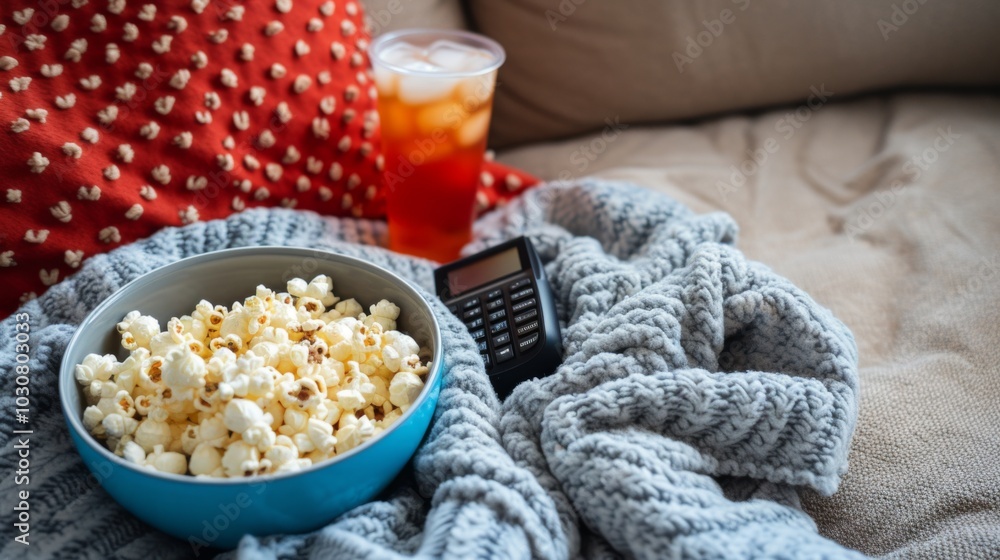 Cozy Movie Night with Popcorn and Drinks on the Couch Cozy Movie Night with Popcorn and Drinks on the Couch