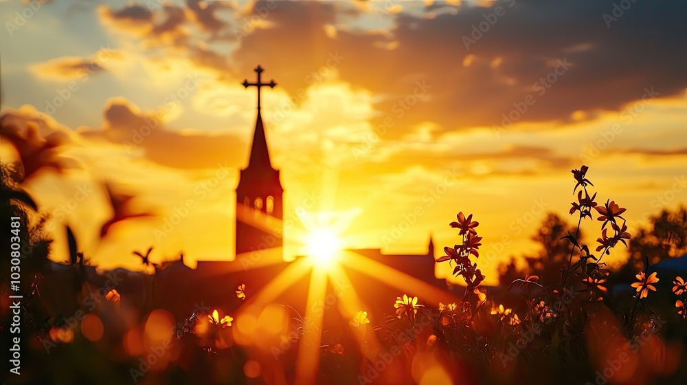Fototapeta premium Sunset view with church silhouette and vibrant sky, showcasing tranquility and spirituality.
