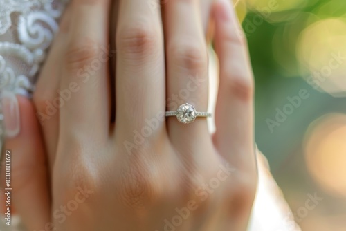 Elegant Bridal Hand Featuring Sparkling Engagement Ring at Romantic Wedding Venue