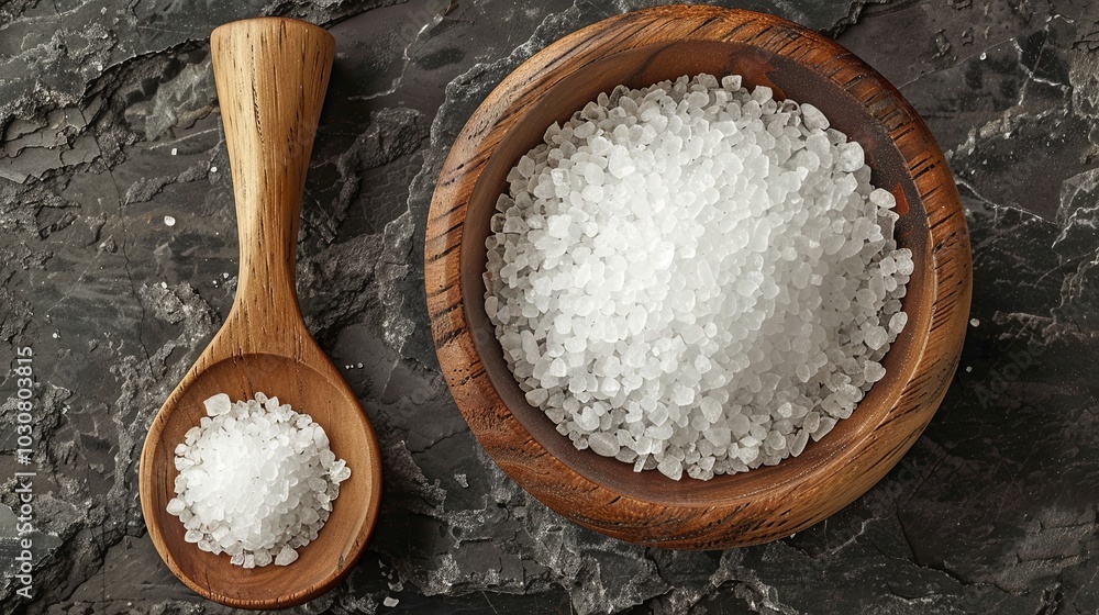 Top view of a wooden bowl and spoon filled with salt Top view of a wooden bowl and spoon filled with salt
