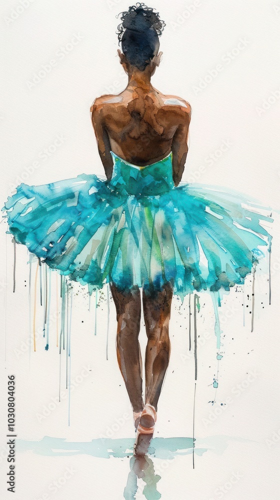 Watercolor painting on a pure white background: A black ballerina, her silhouette draped in a vibrant mint green tutu, poses gracefully with her back to the viewer Watercolor painting on a pure white background: A black ballerina, her silhouette draped in a vibrant mint green tutu, poses gracefully with her back to the viewer