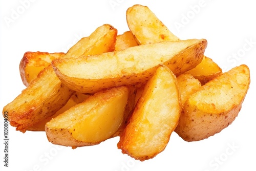 A pile of golden fried potatoes on a white background