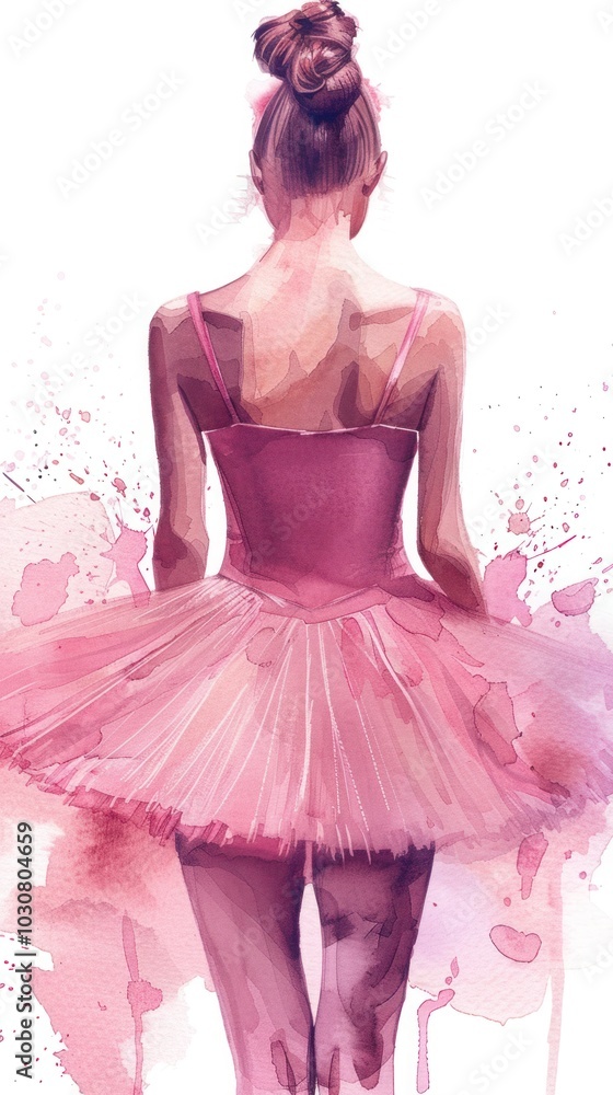 Watercolor illustration: A ballerina, dressed in pink, presents a serene stance with her back to the viewer, set against a gentle and light backdrop Watercolor illustration: A ballerina, dressed in pink, presents a serene stance with her back to the viewer, set against a gentle and light backdrop