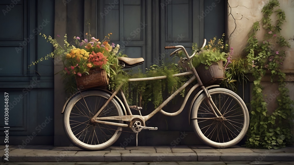 A realistic illustration of an old bicycle parked by a wall, overgrown with colorful plants and flowers wrapping around its frame, symbolizing nature reclaiming the man-made. A realistic illustration of an old bicycle parked by a wall, overgrown with colorful plants and flowers wrapping around its frame, symbolizing nature reclaiming the man-made.