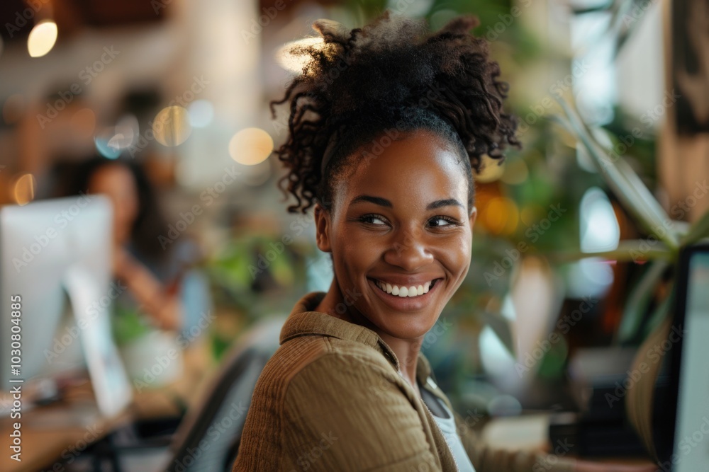 A smiling woman sitting in front of a computer, focused on her work A smiling woman sitting in front of a computer, focused on her work