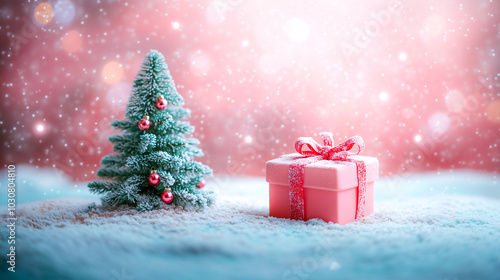 Christmas background , Christmas tree with gift box in pastel color with bokeh and flare light effect .