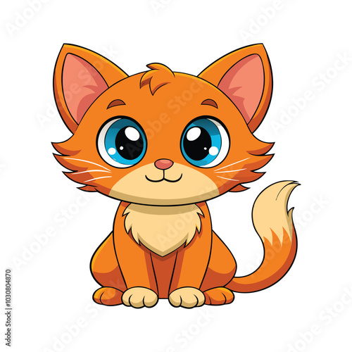 Cartoon-style orange kitten with large blue eyes and a cheerful expression, sitting with its front paws together. 
