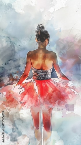 Watercolor illustration: A ballerina, dressed in pink, presents a serene stance with her back to the viewer, set against a gentle and light backdrop
