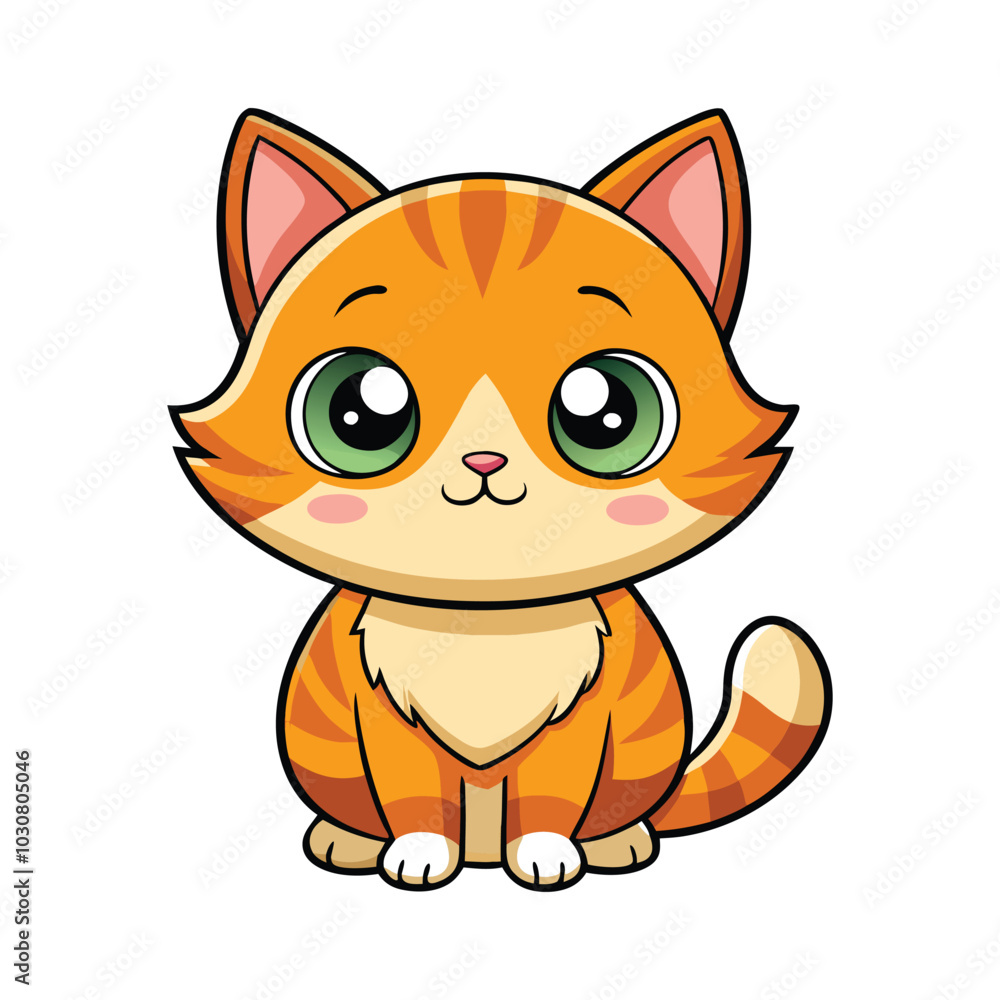 Cartoon-style orange kitten with large blue eyes and a cheerful expression, sitting with its front paws together. Cartoon-style orange kitten with large blue eyes and a cheerful expression, sitting with its front paws together.