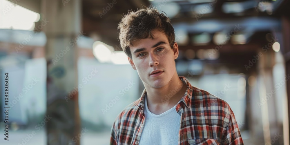 A young man wearing a plaid shirt looks directly at the camera A young man wearing a plaid shirt looks directly at the camera