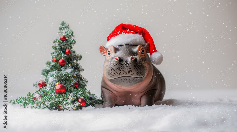 Happy pygmy hippo wearing Santa hat with gift box and Christmas tree on white background . Happy pygmy hippo wearing Santa hat with gift box and Christmas tree on white background .