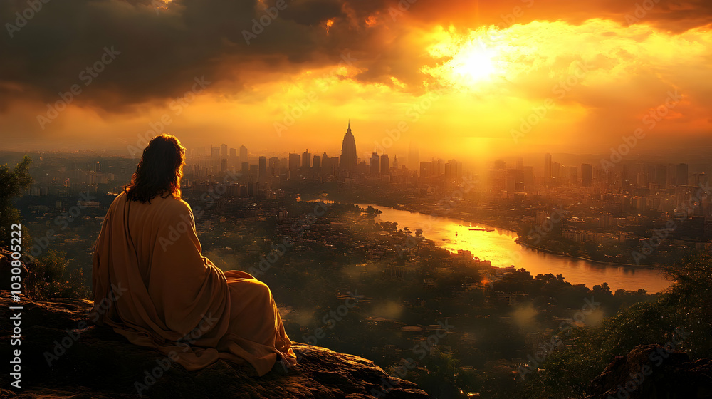 A serene figure gazes over a cityscape at sunset. A serene figure gazes over a cityscape at sunset.