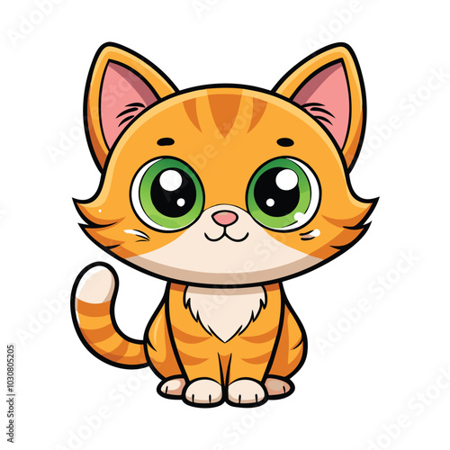 Cartoon-style orange kitten with large blue eyes and a cheerful expression, sitting with its front paws together. 