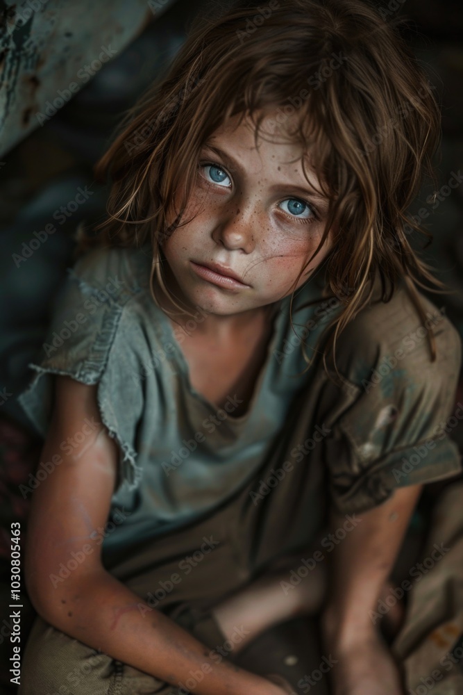 A young girl with striking blue eyes sits on a bed, looking introspective A young girl with striking blue eyes sits on a bed, looking introspective