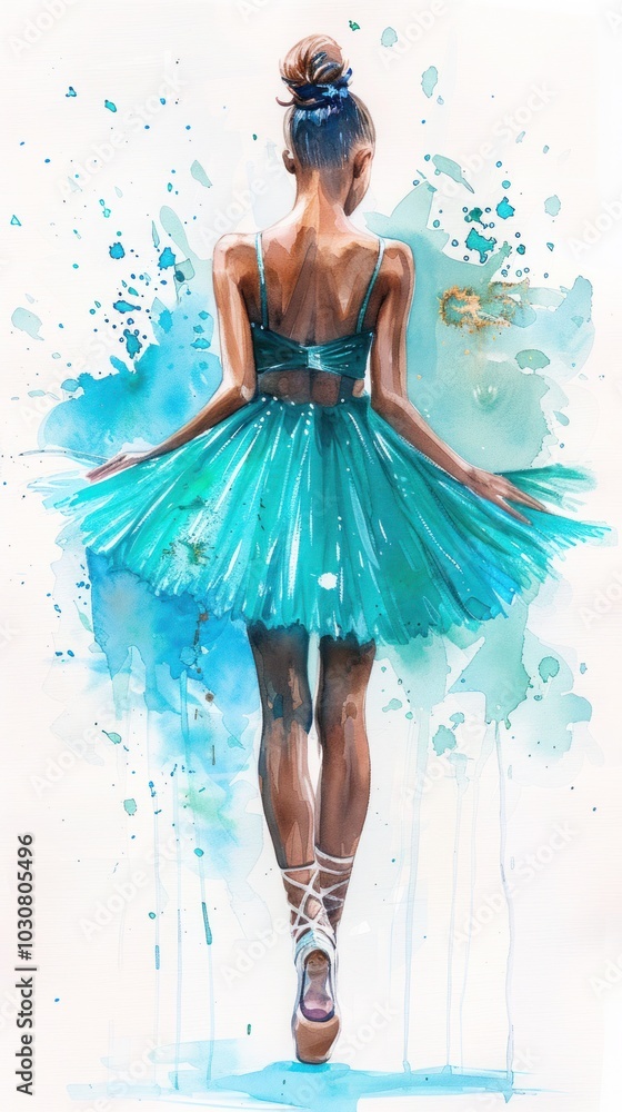 Watercolor painting on a pure white background: A black ballerina, her silhouette draped in a vibrant mint green tutu, poses gracefully with her back to the viewer Watercolor painting on a pure white background: A black ballerina, her silhouette draped in a vibrant mint green tutu, poses gracefully with her back to the viewer