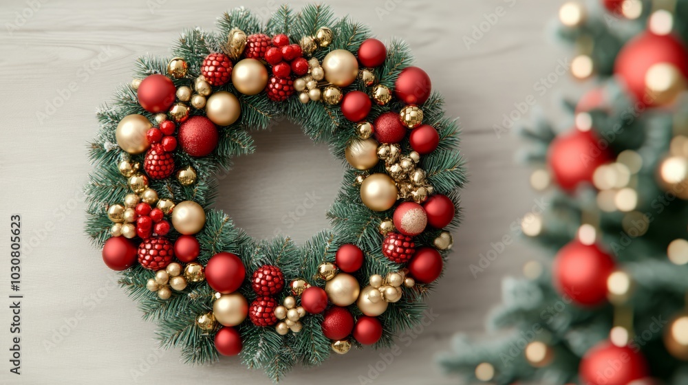 Christmas wreath with red and gold ornaments on a white background. Christmas wreath with red and gold ornaments on a white background.