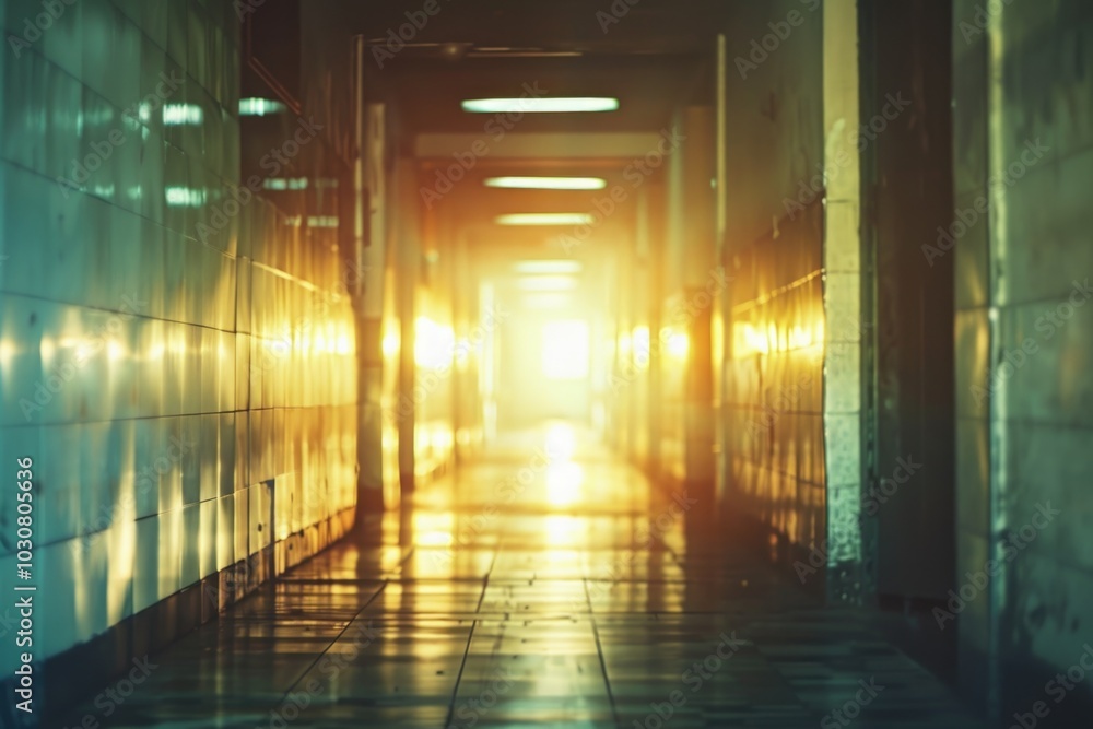 A dimly lit hallway leading to a bright light, ideal for use in scenes depicting hope or guidance A dimly lit hallway leading to a bright light, ideal for use in scenes depicting hope or guidance
