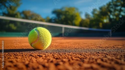 Close-up of a bright yellow tennis ball on a clay court under a blue sky.