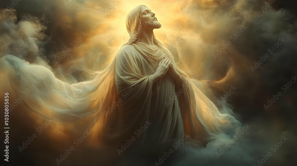 A serene figure in prayer surrounded by ethereal light and clouds. A serene figure in prayer surrounded by ethereal light and clouds.