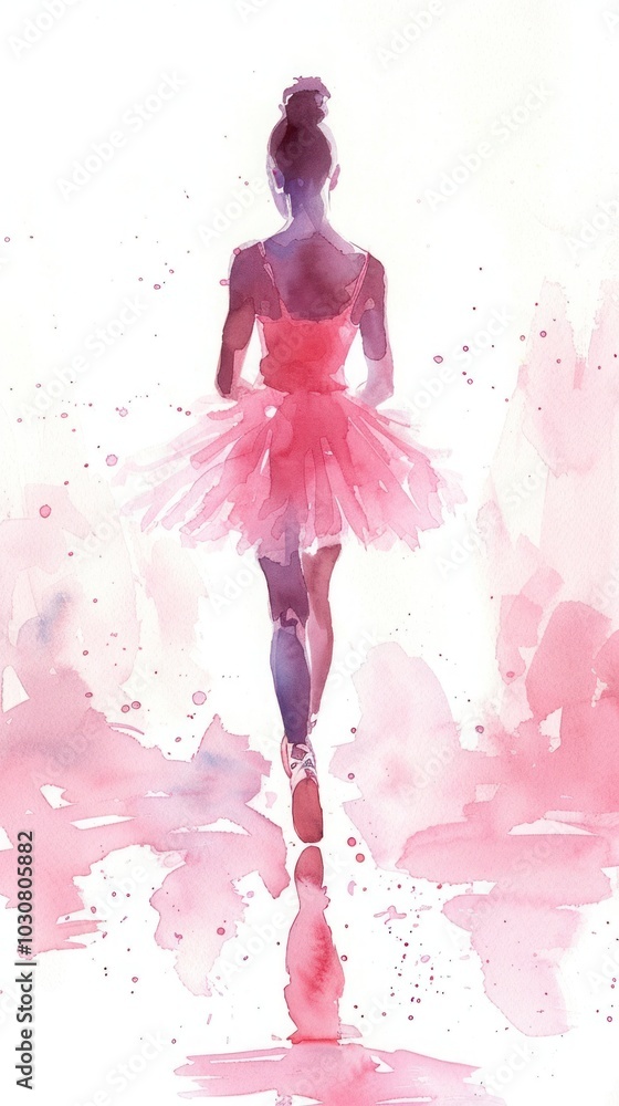 Obraz premium Watercolor illustration: A ballerina, dressed in pink, presents a serene stance with her back to the viewer, set against a gentle and light backdrop