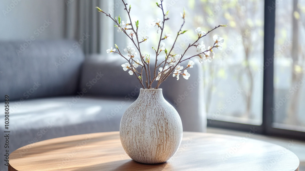 Portrait vase of cherry blossom flowers on the table with sun exposure, Close up of ceramic vase with blossom twigs on round. Portrait vase of cherry blossom flowers on the table with sun exposure, Close up of ceramic vase with blossom twigs on round.
