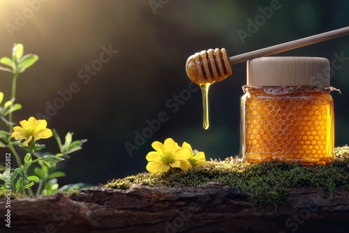 Honey Dripping from Wooden Honeycomb Surrounded by Flowers photo