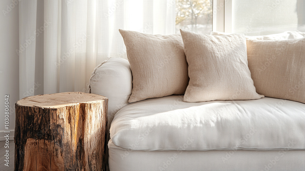 A cozy living space featuring a sofa and a rustic wooden side table. Round wood coffee table near grey corner sofa in room with white wall. Minimalist. A cozy living space featuring a sofa and a rustic wooden side table. Round wood coffee table near grey corner sofa in room with white wall. Minimalist.