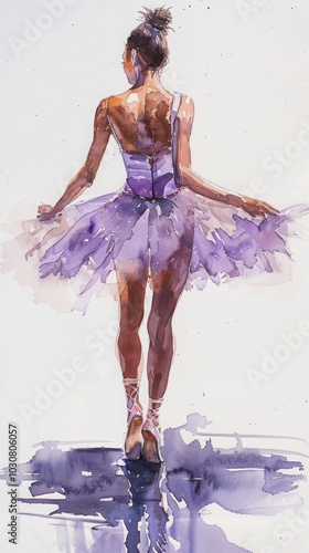 Watercolor illustration features a diverse ballerina in a tutu, elegantly posed with her back to the viewer, set against a pristine white background