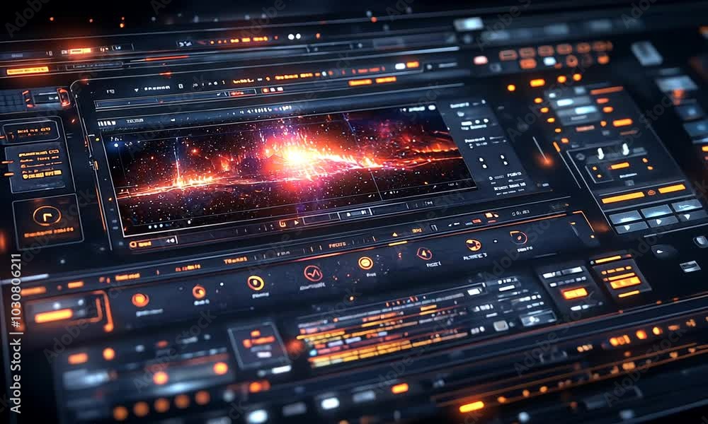 A futuristic interface displaying a cosmic visualization with vibrant colors and controls. A futuristic interface displaying a cosmic visualization with vibrant colors and controls.