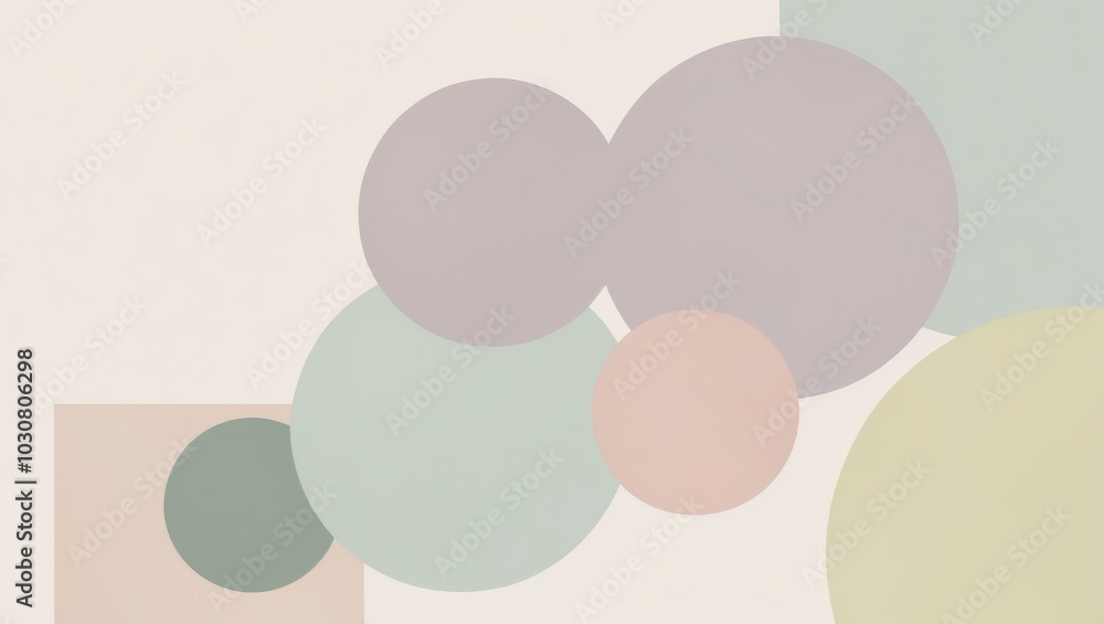 A soft abstract composition of geometric shapes, featuring flowing lines, gentle curves, and a soothing color palette for a calm and modern aesthetic