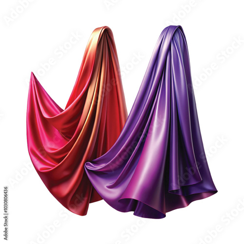 Flying stylish and colourful silk or cotton fabric. Waving satin cloth isolated on transparent PNG background.