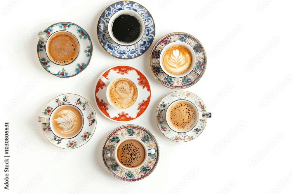A group of cups of coffee arranged on a saucer, perfect for cafe or office use A group of cups of coffee arranged on a saucer, perfect for cafe or office use