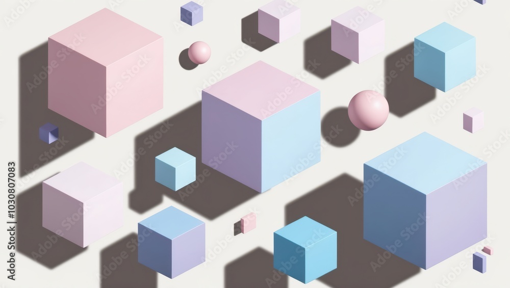 Various 3D geometric shapes including cubes and spheres, creating a dynamic and visually engaging abstract composition Various 3D geometric shapes including cubes and spheres, creating a dynamic and visually engaging abstract composition