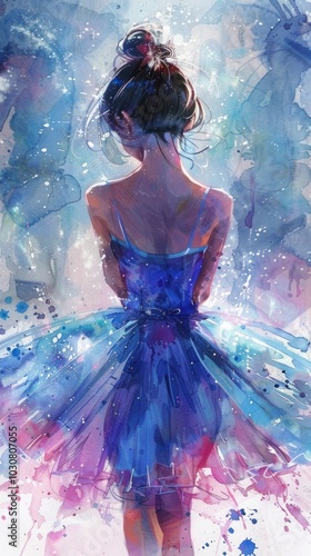 Watercolor scene features an enchanting black ballerina in a lavender tutu, posed with her back to the viewer against a luminous background